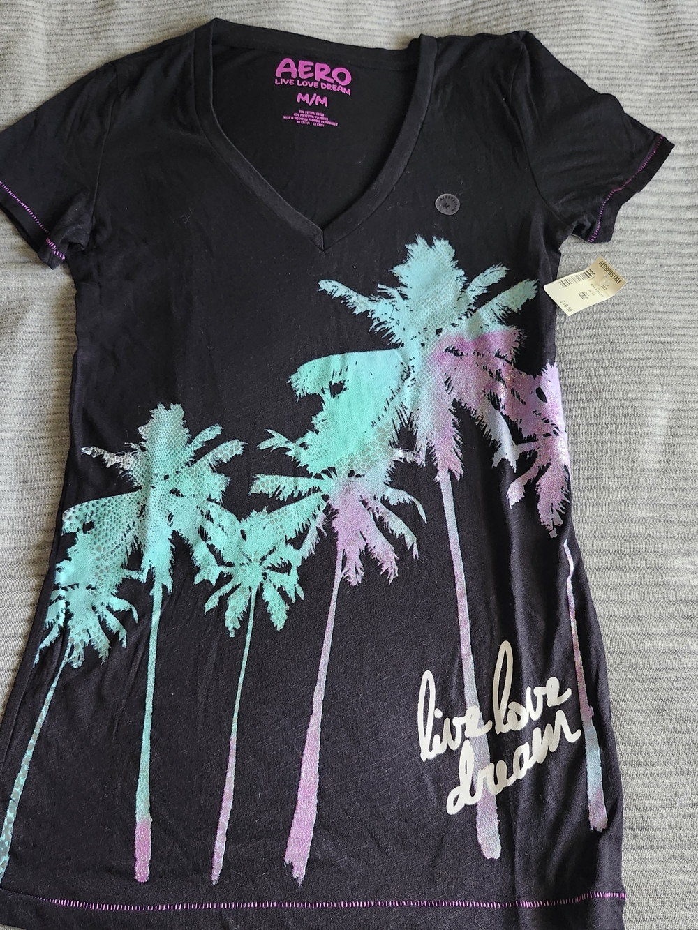 NWT Y2K 2003 AEROPOSTALE Live Love Dream V-neck Palm Tree Black Womens Medium